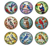 ANATTASOUL Wood Coasters Set of 9 for Drinks Stained Glass Floral Bird Pattern Colorful Wooden Cup Mat for Coffee Table Decor, 3.9" Non-Slip Desk Coasters for Home, Apartment, Office, Bar Gifts