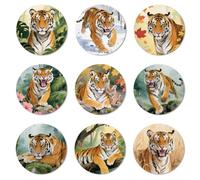 ANATTASOUL Wood Coasters Set of 9 for Drinks Tiger Pattern Colorful Wooden Cup Mat for Coffee Table Decor, 3.9" Non-Slip Desk Coasters for Home, Apartment, Office, Bar Gifts