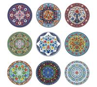 ANATTASOUL Wood Coasters Set of 9 for Drinks Turkish Floral Pattern Colorful Wooden Cup Mat for Coffee Table Decor, 3.9" Non-Slip Desk Coasters for Home, Apartment, Office, Bar Gifts