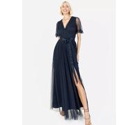 Anaya with Love Ladies Maxi Dress for Women V Neckline Short Sleeve Frilly Long Empire Waist for Wedding Guest Bridesmaid Maid of Honour Navy Blue Size 16