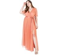 Anaya with Love Ladies Maxi Dress for Women V Neckline Short Sleeve Frilly Long Empire Waist for Wedding Guest Bridesmaid Maid of Honour Coral Pink Size 20