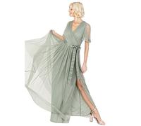 Anaya with Love Ladies Maxi Dress for Women V Neckline Short Sleeve Frilly Long Empire Waist for Wedding Guest Bridesmaid Maid of Honour Frosty Green Size 20