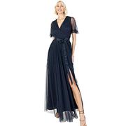 Anaya with Love Ladies Maxi Dress for Women V Neckline Short Sleeve Frilly Long Empire Waist for Wedding Guest Bridesmaid Maid of Honour Navy Blue Size 24