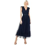 Anaya with Love Ladies Midaxi Dress for Women V Neckline Sleeveless Frilly for Wedding Guest Bridesmaid Prom Long High Empire Waist Tiered Navy Blue Size 16