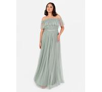 Anaya with Love Women's Maxi Dress Ladies Sleeveless Off Shoulder Bardot Neckline Tulle Sash Tie Belt A-line Bridesmaid Wedding Guest, Green, 14