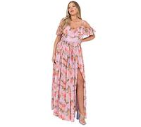 Anaya with Love Womens Maxi Dress for Ladies with Slit Split Cold Shoulder Bardot V Neckline with Tie Belt Tropical Print Pink Summer Size 26
