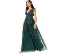 Anaya with Love Women's Maxi Dress Ladies Cap Sleeve V-Neck Satin Detail Tulle A-line Bridesmaid Wedding Guest Occasion Prom Ball Gown, Emerald Green, 14
