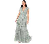 Anaya with Love Women's Maxi Dress Ladies Short Sleeve V-Neck Wrap Tiered Ruffle Tulle A-line Wedding Guest Bridesmaid Prom Ball Gown, Frosty Green, 16