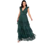 Anaya with Love Women's Maxi Dress Ladies Short Sleeve V-Neck Wrap Tiered Ruffle Tulle A-line Wedding Guest Bridesmaid Prom Ball Gown, Emerald Green 20