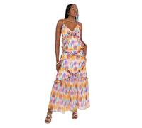 Anaya with Love Women's Maxi Dress Ladies Sleeveless V-Neck Metallic Gold Flocked Cross Back Strap Tiered Ruffle A-line Wedding Guest, Multi 14