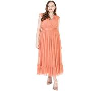 Anaya with Love Women's Maxi Dress Women V Neckline Sleeveless Frilly for Wedding Guest Bridesmaid Prom Long High Empire Waist Tiered Dress, Coral Pink, 8