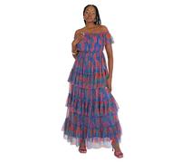 Anaya with Love Womens Maxi Ladies Off Shoulder Bardot Neckline Tiered Ruffle Tulle Tropical Floral Print Wedding Guest Prom Dress, Cobalt Blue, 12 UK