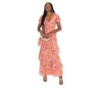 Anaya with Love Women's Women's Maxi Dress Ladies Flutter Sleeve Plunge V-Neck Ruffle Tiered Skirt Lace-up Strappy Back Tropical Floral Print Dress, Coral,