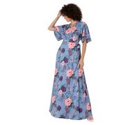 Anaya with Love Women's Women's Maxi Dress Ladies Wrap Short Angel Sleeves V-Neck Floral Waist Tie for Wedding Guest Occasion Evening Prom Ball Dress, Blue,
