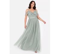Anaya with Love Women's Maxi Dress Ladies Sleeveless V-Neck Cold Shoulder Tulle Sash Tie Belt A-line Bridesmaid Wedding Guest Ball Gown, Frosty Green, 16