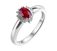ANAZOZ Anniversary Rings for Women 4 Prong Oval Shaped with 0.69ct Created Ruby and Moissanite, Wedding Ring 18 Karat White Gold for Women, Silver Red, Size N 1/2