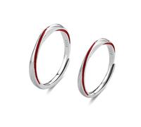 ANAZOZ Couple Promise Rings Engraved Custom 925 Sterling Silver, Round with Red Line, Promise Ring Adjustable Silver Red for Him and Her