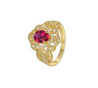 ANAZOZ Eternity Wedding Rings for Women Flower with Oval Lab Created Ruby and Moissanite, Wedding Ring for Women Yellow Gold 14ct, Gold, Size L 1/2