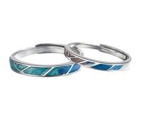 ANAZOZ Men and Women Sterling Silver Engagement Rings Engraved Personalized, Geometric, Silver Blue Him and Her Wedding Band Adjustible