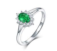 ANAZOZ Silver Green Women Rings Wedding Band,18ct White Gold Engagement Rings Flower Oval 0.5ct Green Emerald 0.15ct Diamond Ring Size L 1/2