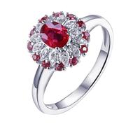 ANAZOZ Wedding Band Ring Women Flower and Oval with 0.79ct Created Ruby and Moissanite, Womens White Gold Rings 9K, Silver Red, Size R 1/2