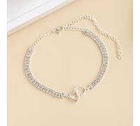 ANAZOZ Women Ankle Bracelets Copper, Hollow Double Heart with Cubic Zirconia, Adjustable Anklet Women 8.86 + 3.94 Inch, Silver