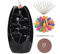 Anbar Backflow Incense Burner with 120 Cones, 30 Sticks, Tongs, and Table Mat, Natural Aromatherapy with Ceramic Smoke Waterfall, Supports Meditation and Relaxation, Home Decor (Black)