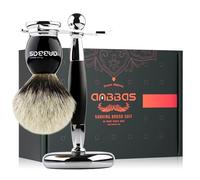 Anbbas Shaving Brush and Stand,Silvertip Badger Hair Brush Black Resin Alloy Handle with Stainless Steel Shaving Stand for Double Edge Safety Razor Straight Razor for Men
