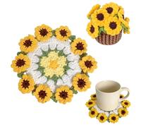ANBET Handmade Crochet Yellow Sunflowers Flower Bouquet Coaster Set with Mini Basket, Boho Floral Coasters for Mother's Valentine's Day Birthday Home Decor Graduation Season Wedding Romantic Gift