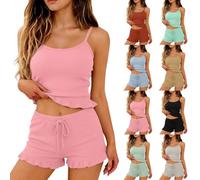 Anbiryeik Cotton Shorts Pyjamas Sets for Women Soft Ribbed 2 Piece Short Pjs Sets Ladies Sleeveless Ruffled Stretch Slimmed Camisole Top 3Xl Adjustable Drawstring Waist Nightwear Loungewear Pink S