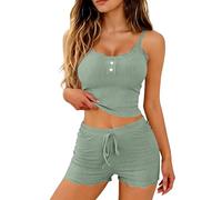 Anbiryeik Cotton Summer Pyjamas Sets for women Sleeveless 2 Piece Short Pjs Sets Soft Slimmed Camisole and Shorts Cami Sets Sleepwear Loungewear Nightwear with Adjustable Drawstring Waist LGreen S