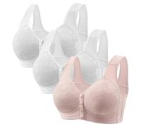 Anbiryeik Front Fastening Bras for Women UK 3 Pack Wireless Snap Closing No Underwire Comfort Senior Wireless Ladies Bras Push Up V Neck Floral Lingerie Plus Size Minimiser Fitness Crop Top