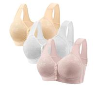 Anbiryeik Front Fastening Bras for Women UK 3 Pack Wireless Snap Closing No Underwire Comfort Senior Wireless Ladies Bras Push Up V Neck Floral Lingerie Plus Size Minimiser Fitness Crop Top