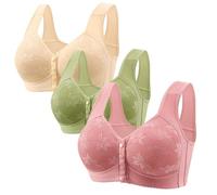 Anbiryeik Front Fastening Bras for Women UK 3 Pack Wireless Snap Closing No Underwire Comfort Senior Wireless Ladies Bras Push Up V Neck Floral Lingerie Plus Size Minimiser Fitness Crop Top