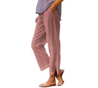 Anbiryeik Women's Casual Cotton-Linen Pants: Solid Color, Elastic Waistband, Pockets; Women's Summer Loungewear Lightweight and Comfortable Straight-Leg Pants Button Detail at the Hem Rose Gold