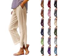 Anbiryeik Women's Casual Cotton-Linen Pants: Solid Color, Elastic Waistband, Pockets; Women's Summer Loungewear Lightweight and Comfortable Straight-Leg Pants Button Detail at the Hem