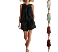 Anbiryeik Women's Co Ord Sets UK Causal Solid Colour Crewneck Sleeveless Cropped Tank Top and High-Waisted Shorts 2 Piece Summer Travel Outfit Holiday Clothes with Pocket