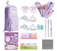ANBOO Pencil Case with Stationery Included, 3 Rollerball Pens, 20 Refills, 6 Paper Clips, 2 Erasers and 1 Pencil Case（Purple）, Complete Back to School Student Kit，Cute Aesthetic Girl Stationery