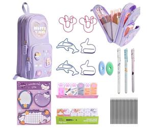 ANBOO Pencil Case with Stationery Included, 3 Rollerball Pens, 20 Refills, 6 Paper Clips, 2 Erasers and 1 Pencil Case（Purple）, Complete Back to School Student Kit，Cute Aesthetic Girl Stationery