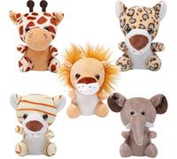 Anboor 5pcs Small Stuffed Animals-Jungle Animal Plush Set 4.8 Inch Cute Safari Stuffed Animals with Keychain for Animal Themed Party Favors Children's Day Present (Sitting)
