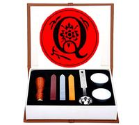 ANBOSE Alphabet Q Letters Wax Sealing Stamp Kit - 1Pcs Wooden Handle Copper Seal, 3Pcs Wax Seal Sticks, 1Pcs Melting Spoon and 2Pcs White Candles