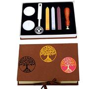 ANBOSE Tree of Life Seal Stamp Set - Wooden Handle Copper Seal, 3 Wax Sticks, Melting Spoon, 2 White Candles