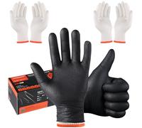 ANBOSON Black Disposable BBQ Gloves X-Large 100 Count with 2 Pairs Washable Cotton Glove Liners, Heavy Duty, Replaceable 10 mil Diamond Texture Nitrile Gloves for Barbecue and Smoking