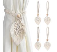 ANBOWEI Macrame Boho Curtain Tiebacks, 4pcs Cotton Hand Knitting Rope Tie Backs for Curtains with Leaf Shape Tassel and Wooden Bead for Decor Bedroom,Shower,Living Room - Beige