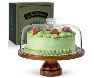 ANBOXIT Cake Stand with Dome Lid, Acacia Wood Cake Plate with Cover | Wooden Cake Display Stand with Acrylic Dome ( Footed )