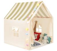 Anbte Kids Play Tent with String Lights & Storage Bag, Washable Fabric Indoor Tent for Girls & Boys with Metal Frame & 2 Windows, Fits 2-3 Kids, Toddlers Playhouse for Birthday Gifts, Beige Stripes