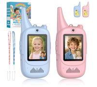 Anbte Video Walkie Talkies For Kids With Silicone Protective Case, 2 Pack Rechargeable Long Range Two Way Radios Toys for Boys Girls Age 3-12 for Family Game Outside Camping Indoor Outdoor, Blue/Pink