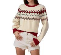 Ancapelion Women’s Jumper Long Sleeve Colour Block Chunky Sweater Christmas Crew Neck Knit Pullover Tops Knitwear for Ladies Beige and Red XL