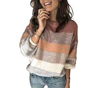 Ancapelion Women’s Striped Colour Block Glitter Jumper Long Sleeve Chunky Sweater Crew Neck Knit Pullover Tops Knitwear S