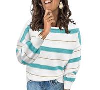 Ancapelion Women’s Striped Colour Block Jumper Long Sleeve Chunky Sweater Crew Neck Knit Pullover Tops Knitwear White and Blue XL
